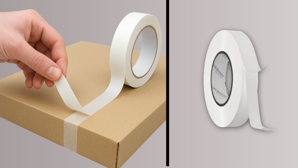 Close-up of a hand applying fingerlift tapes on a cardboard box, showing the easy-to-peel liner for packaging applications.